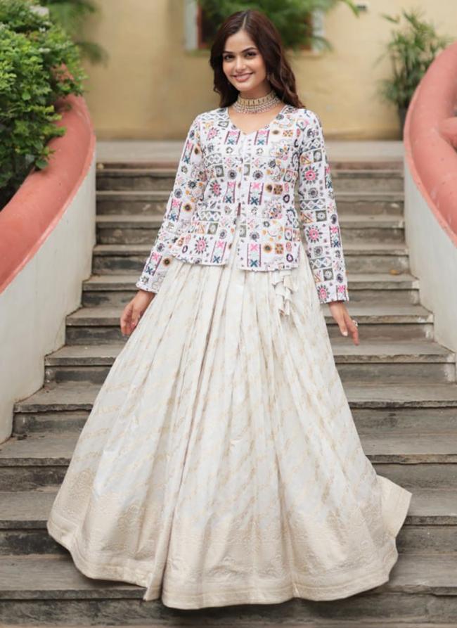 Georgette White Party Wear Embroidery Work Readymade Top With Lehenga